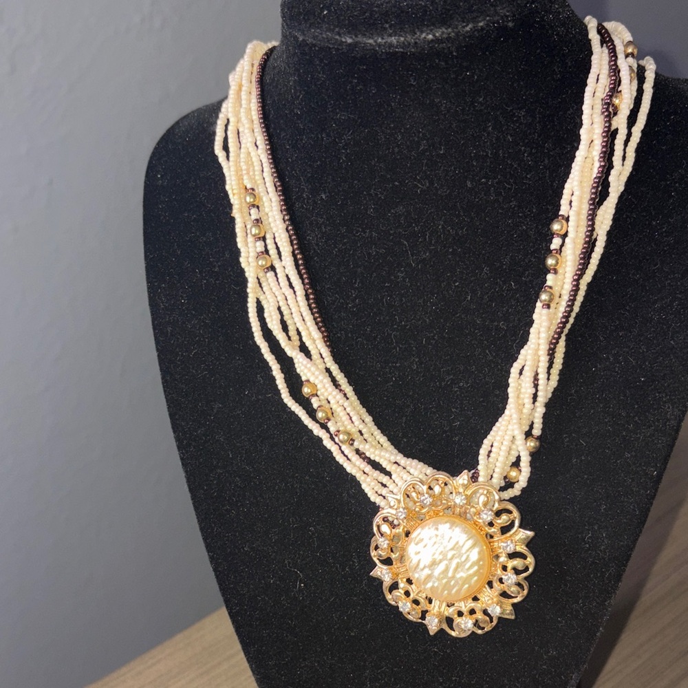 Beaded Ivory and Gold Statement Necklace